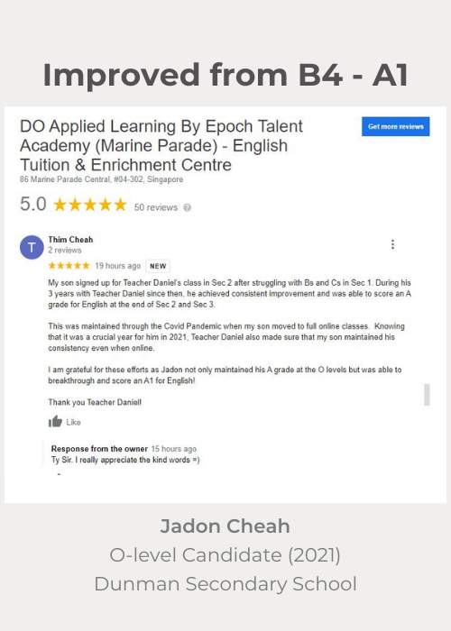 Best English Tuition Centre in Singapore - testimonials (Jadon Cheah)